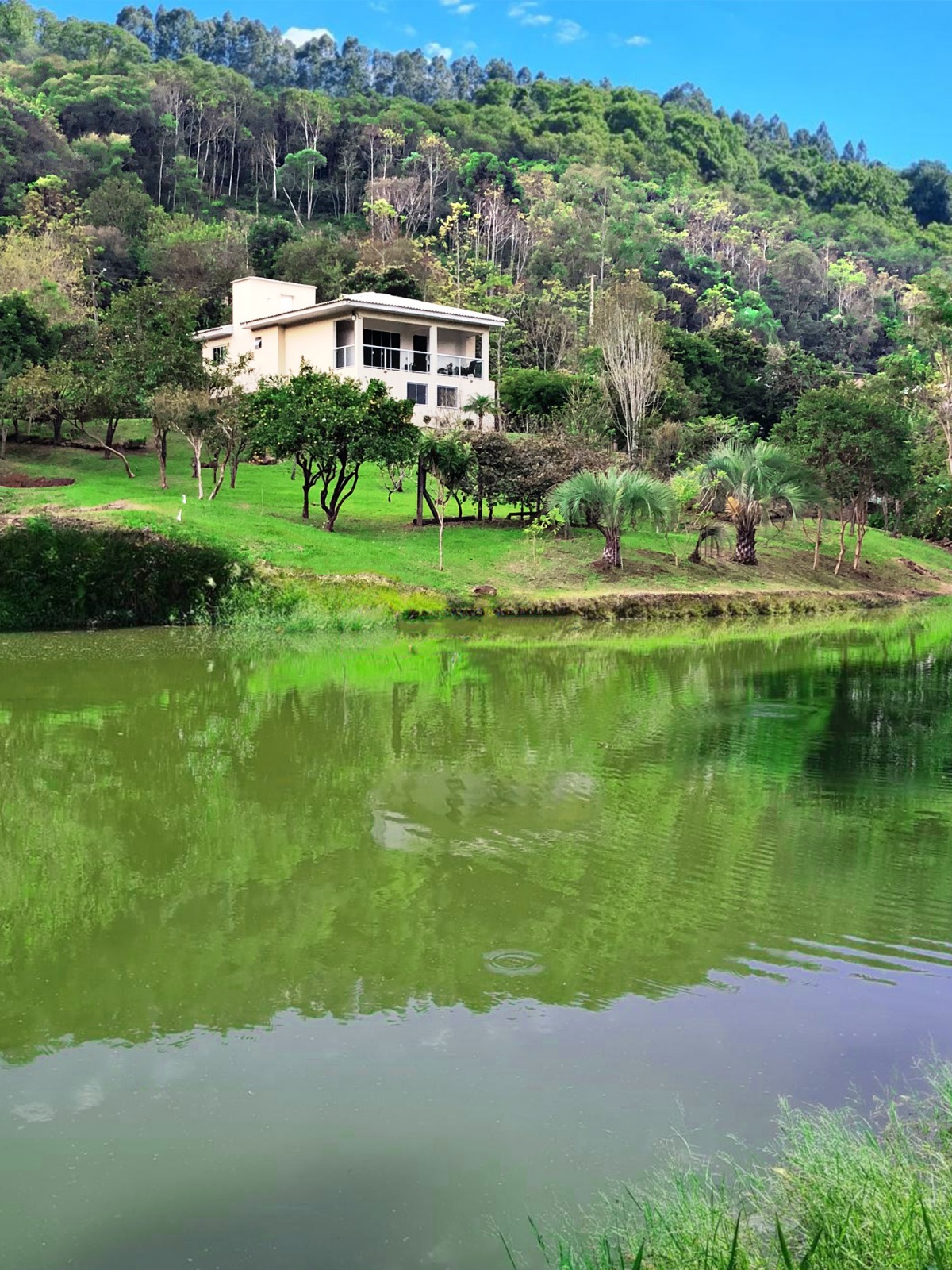 Vista da chácara com açude